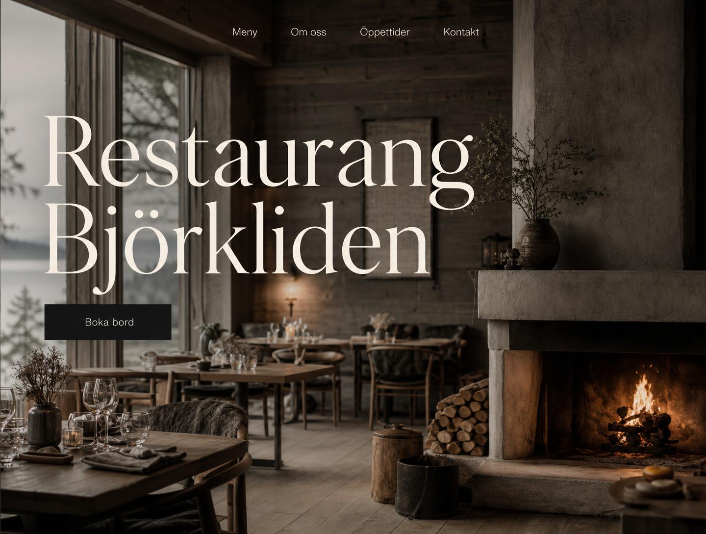 Konceptbild: modern webbplats för en fiktiv svensk restaurang med stort typografiskt anslag och tydlig bokningsknapp.