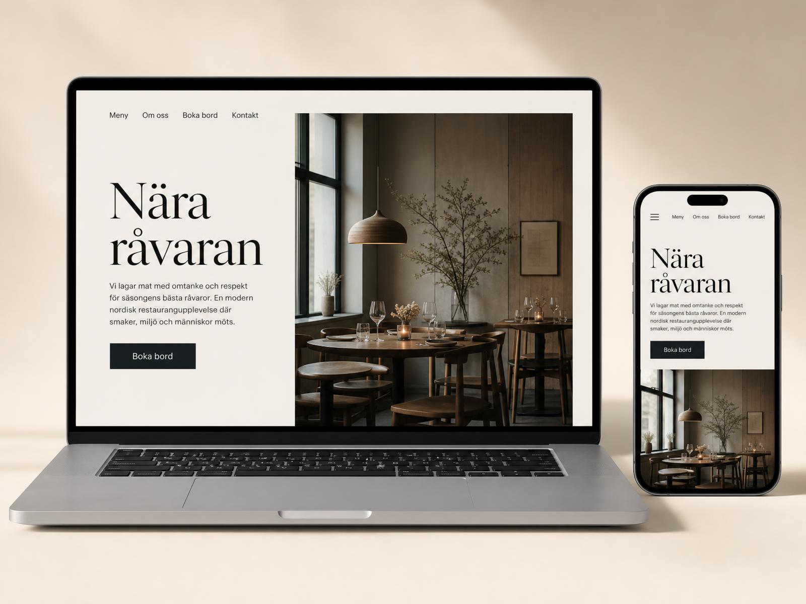 Laptop och mobil som visar en modern webbplats för en fiktiv svensk restaurang, byggd av Nordsvik.